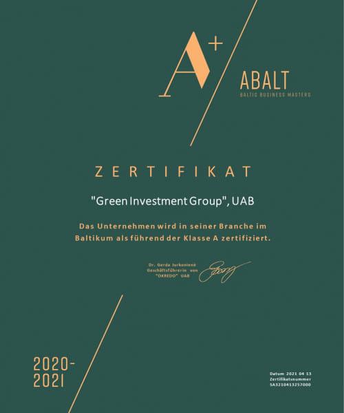 A+ "Baltic Business Masters 2021" Certificate