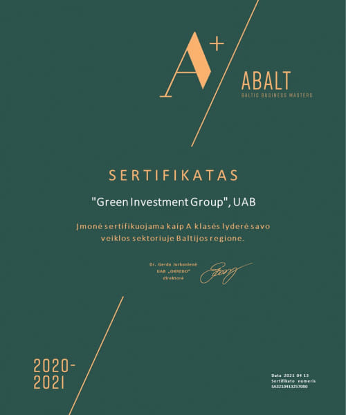 A+ « Baltic Business Masters 2021 » certificat