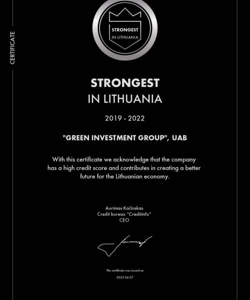CREDITINFO « Les plus forts en Lituanie 2022 » certificat