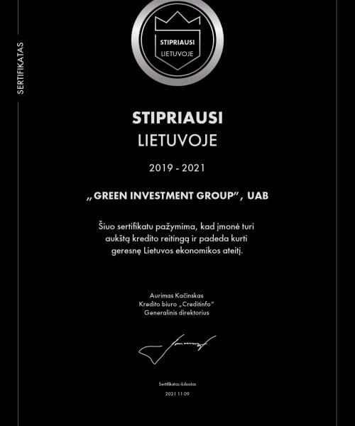CREDITINFO "Stipriausi Lietuvoje 2021" sertifikatas