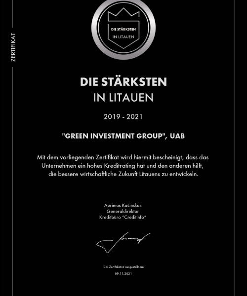 CREDITINFO "Stipriausi Lietuvoje 2021" sertifikatas